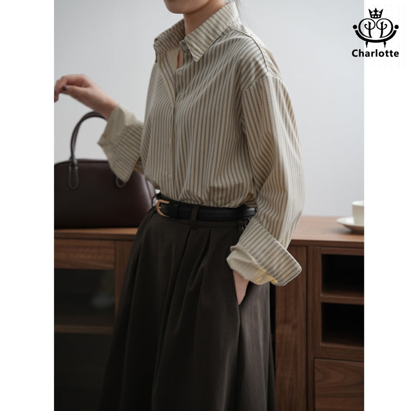 French retro salt striped shirt loose long-sleeved shirt [CHSH107]