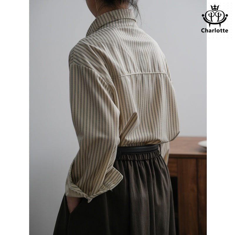 French retro salt striped shirt loose long-sleeved shirt [CHSH107]