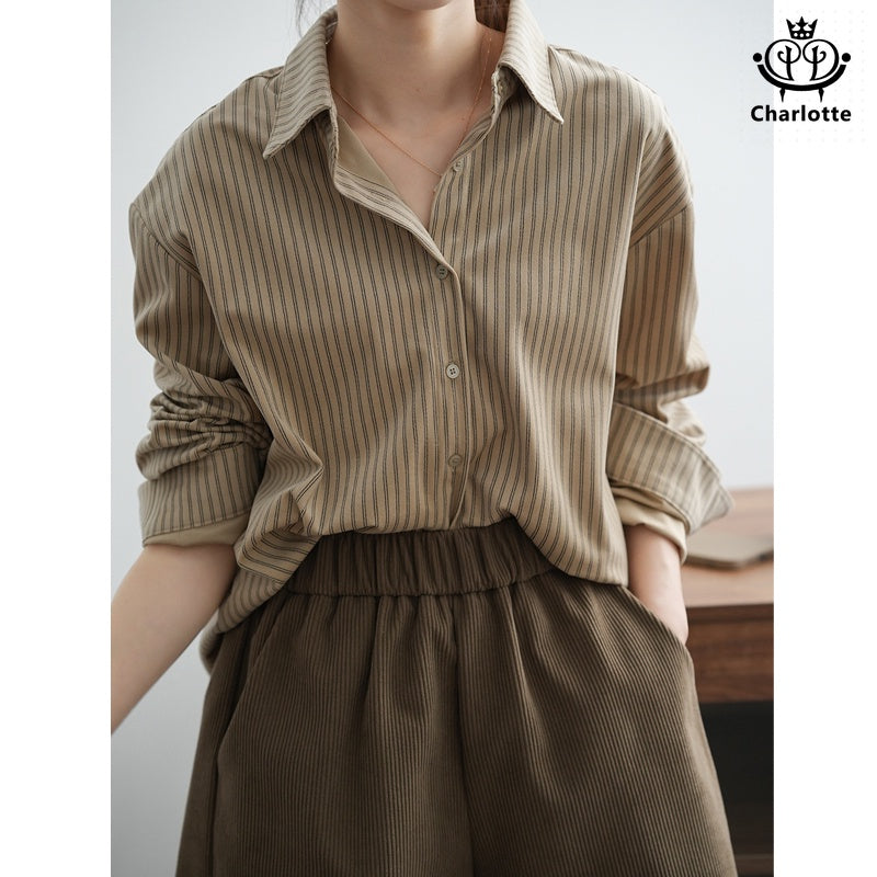 French retro salt striped shirt loose long-sleeved shirt [CHSH107]