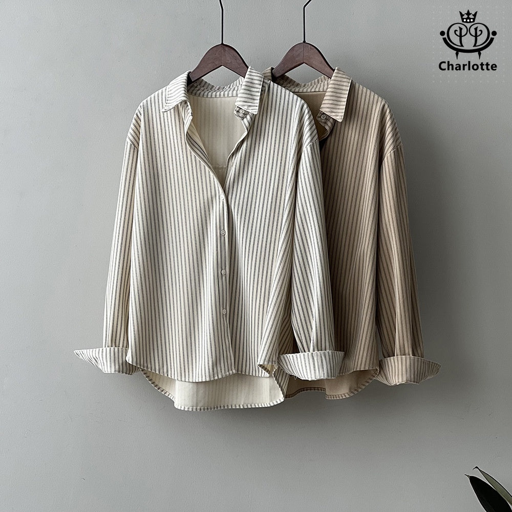 French retro salt striped shirt loose long-sleeved shirt [CHSH107]