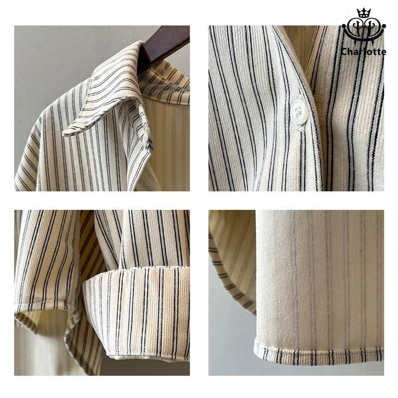 French retro salt striped shirt loose long-sleeved shirt [CHSH107]