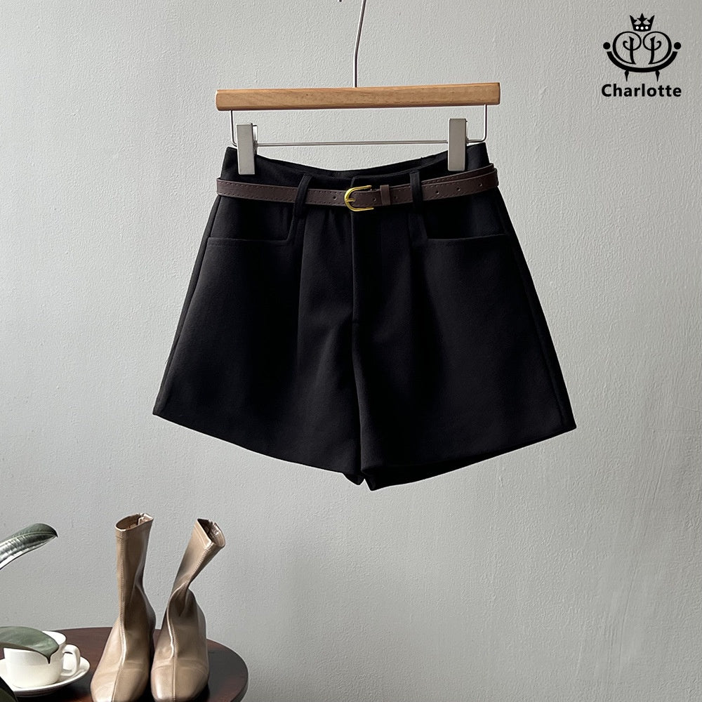 Pocket-thick woolen shorts, high-waisted wide-leg shorts [CHOR9]