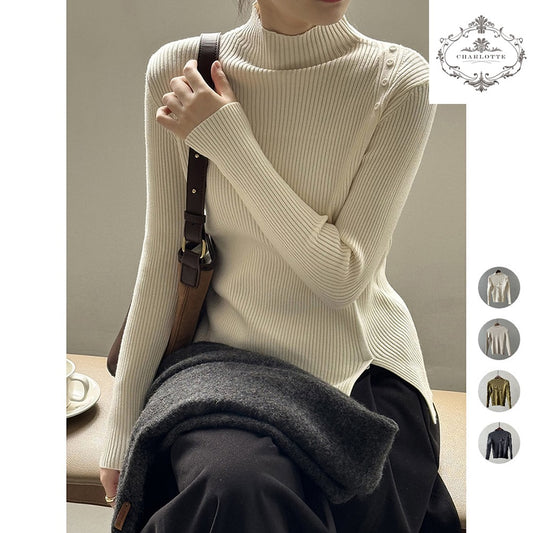 Simple half turtleneck sweater winter design button long-sleeved bottoming shirt [CHSW63]