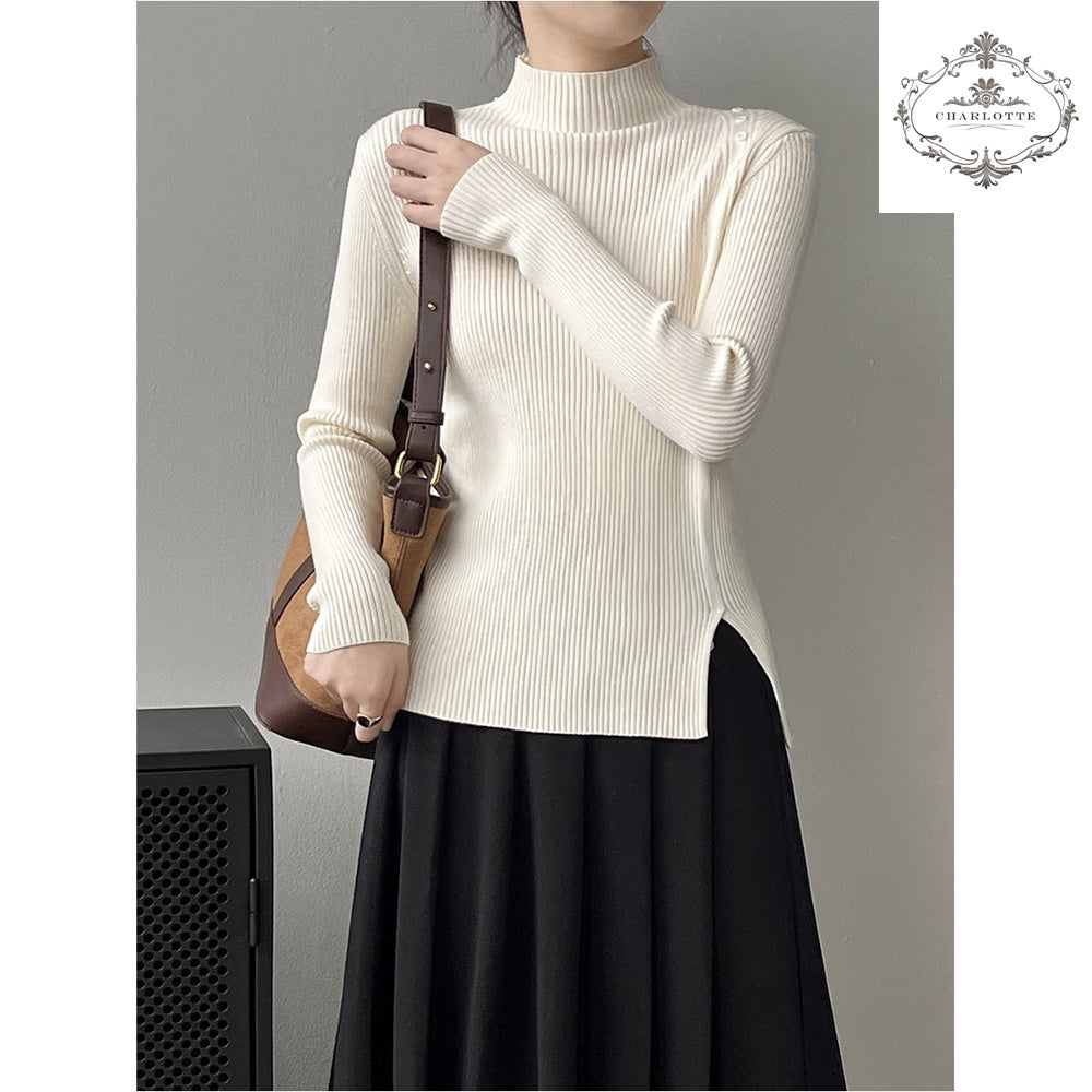 Simple half turtleneck sweater winter design button long-sleeved bottoming shirt [CHSW63]