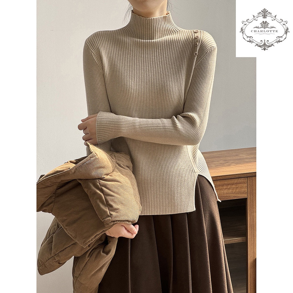 Simple half turtleneck sweater winter design button long-sleeved bottoming shirt [CHSW63]