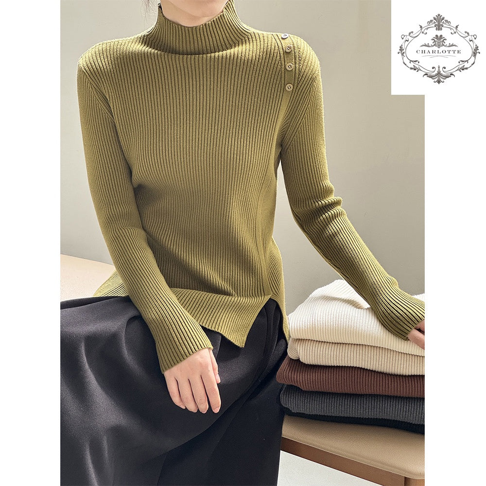 Simple half turtleneck sweater winter design button long-sleeved bottoming shirt [CHSW63]