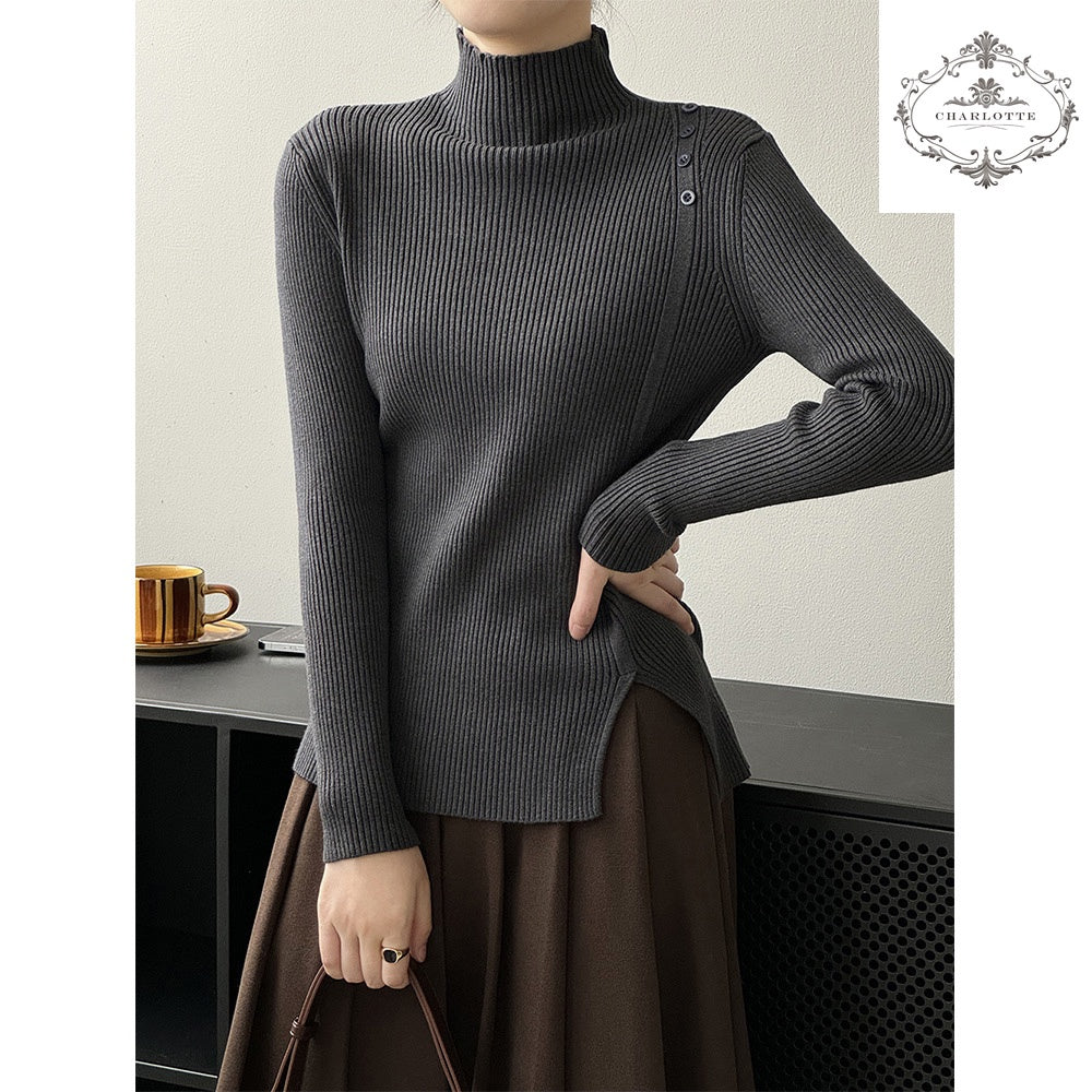 Simple half turtleneck sweater winter design button long-sleeved bottoming shirt [CHSW63]