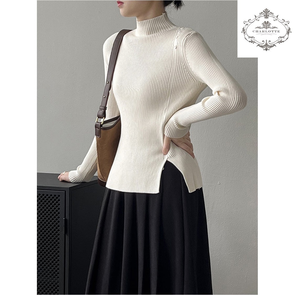 Simple half turtleneck sweater winter design button long-sleeved bottoming shirt [CHSW63]