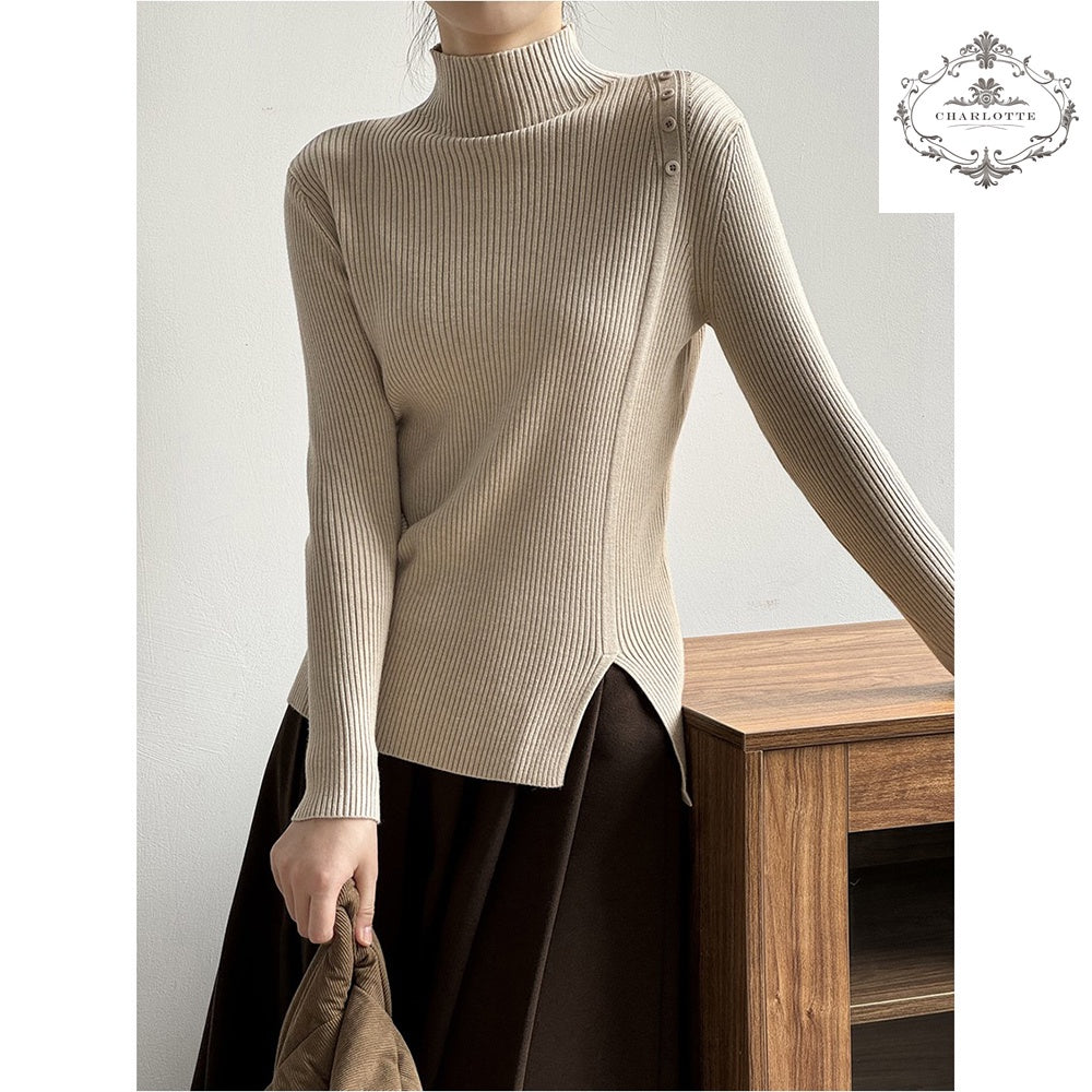 Simple half turtleneck sweater winter design button long-sleeved bottoming shirt [CHSW63]