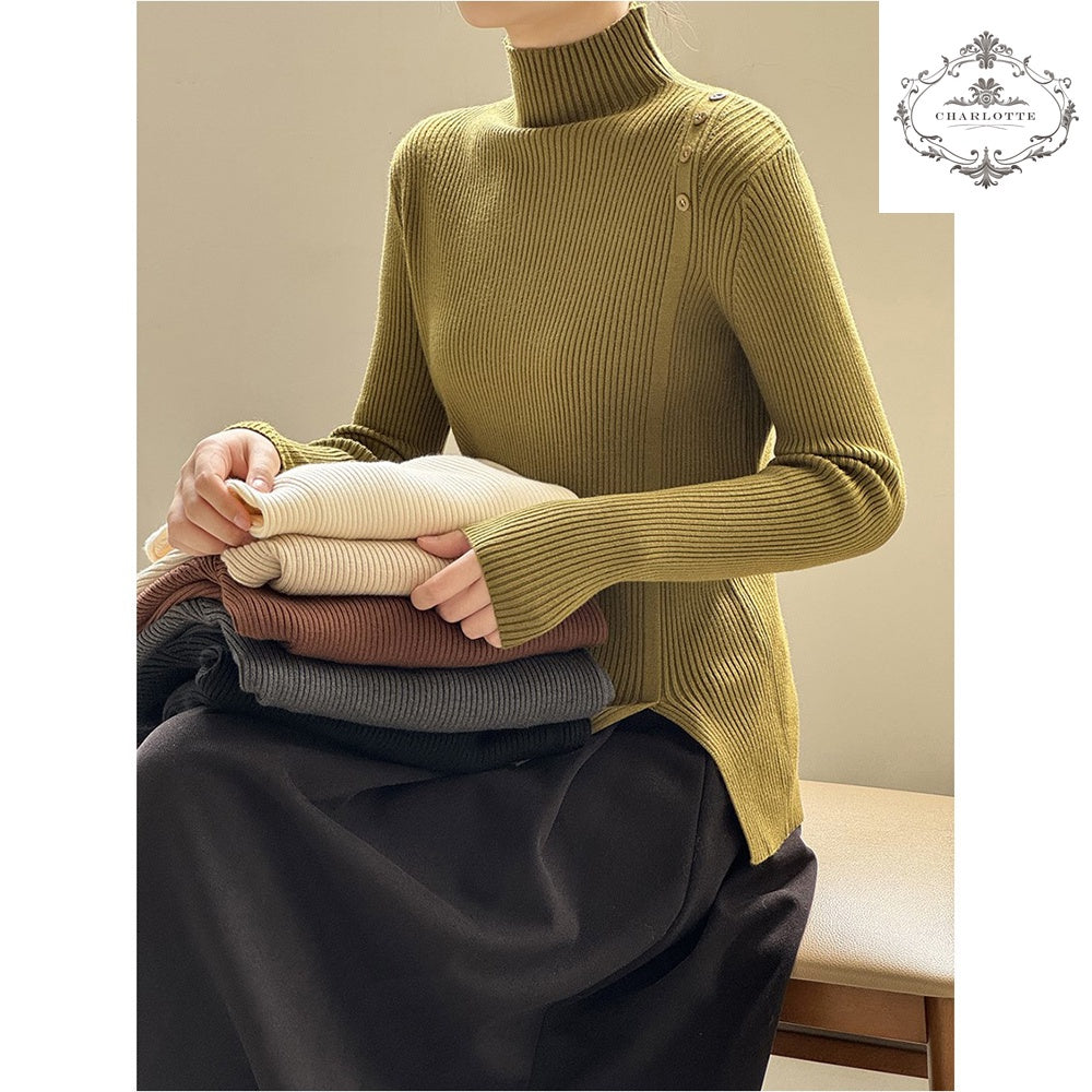 Simple half turtleneck sweater winter design button long-sleeved bottoming shirt [CHSW63]