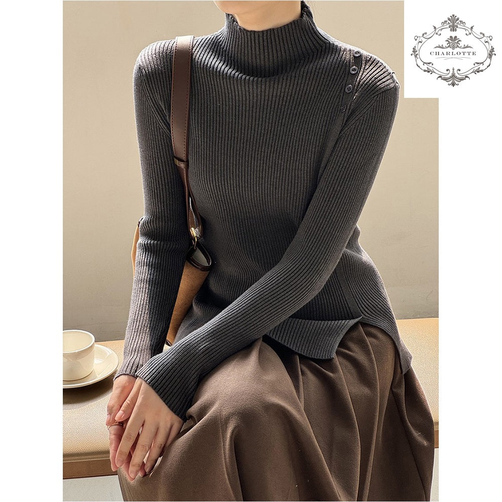 Simple half turtleneck sweater winter design button long-sleeved bottoming shirt [CHSW63]