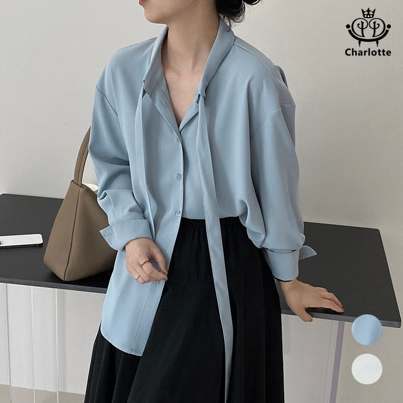 French solid color ribbon drape long-sleeved shirt with bow tie long-sleeved shirt [CHSH109]