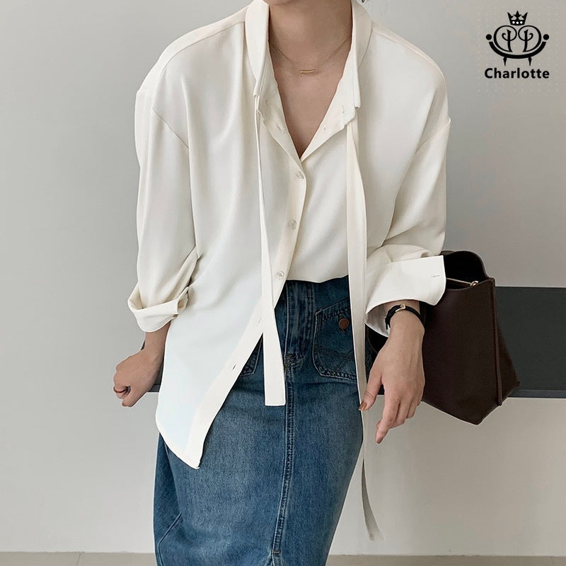 French solid color ribbon drape long-sleeved shirt with bow tie long-sleeved shirt [CHSH109]