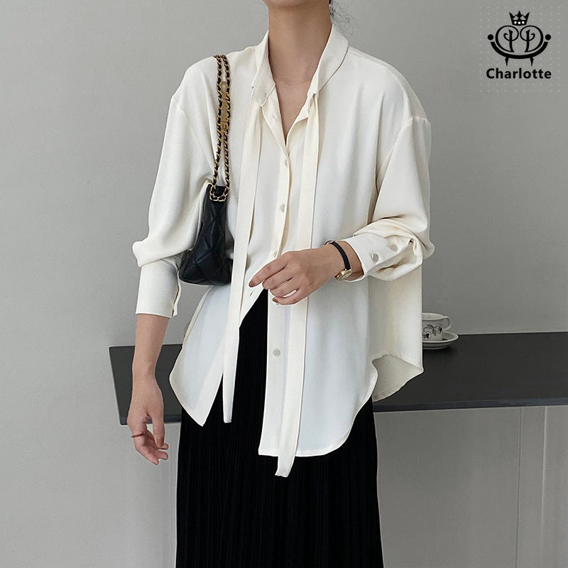 French solid color ribbon drape long-sleeved shirt with bow tie long-sleeved shirt [CHSH109]