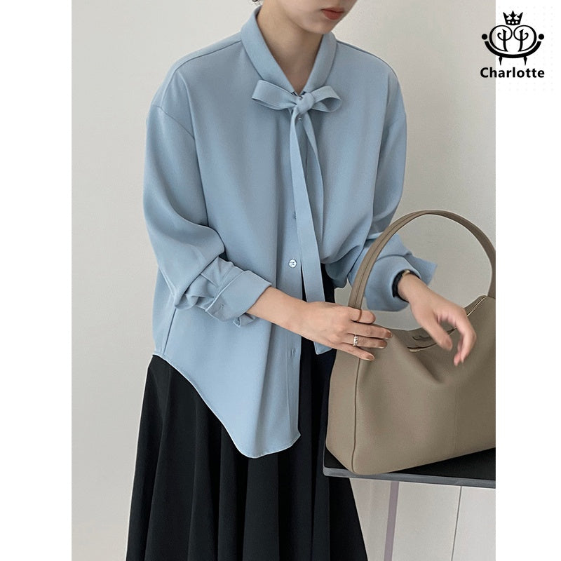 French solid color ribbon drape long-sleeved shirt with bow tie long-sleeved shirt [CHSH109]