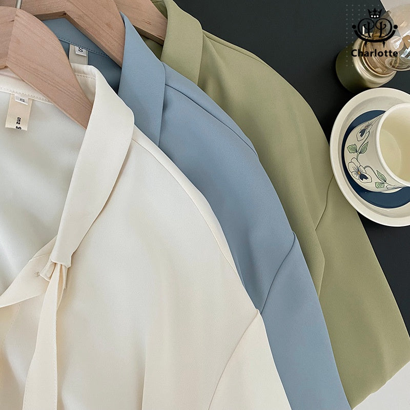 French solid color ribbon drape long-sleeved shirt with bow tie long-sleeved shirt [CHSH109]