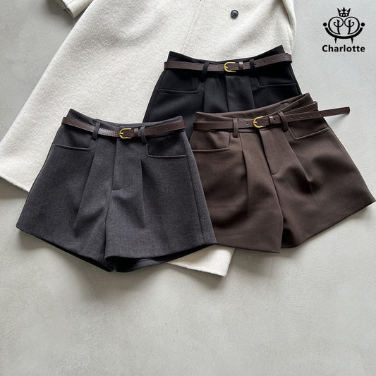 Pocket-thick woolen shorts, high-waisted wide-leg shorts [CHOR9]