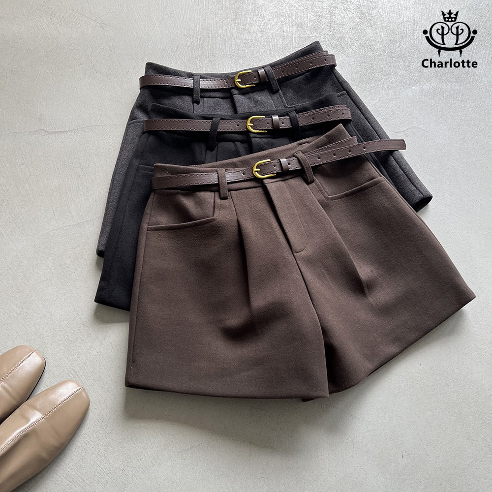 Pocket-thick woolen shorts, high-waisted wide-leg shorts [CHOR9]