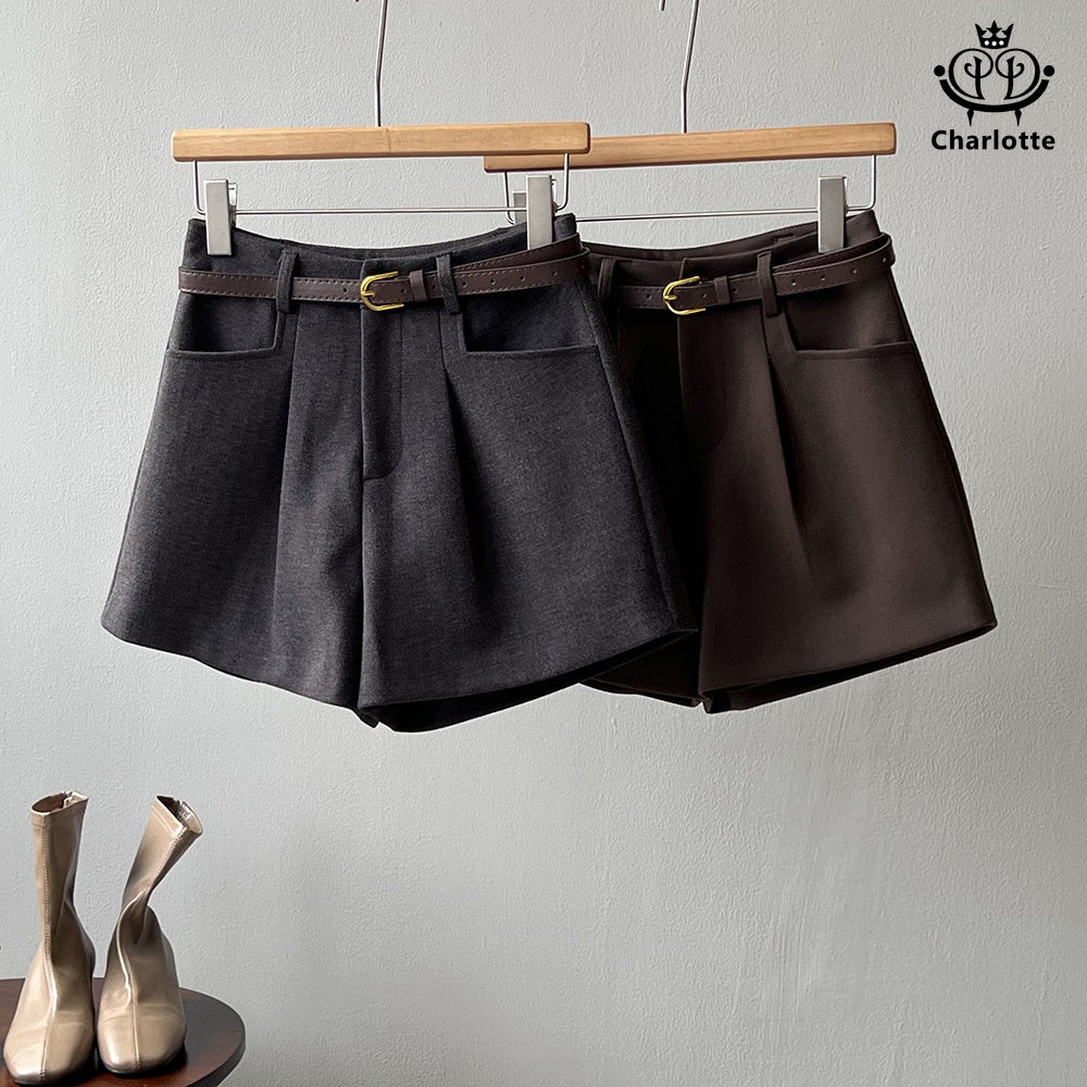 Pocket-thick woolen shorts, high-waisted wide-leg shorts [CHOR9]