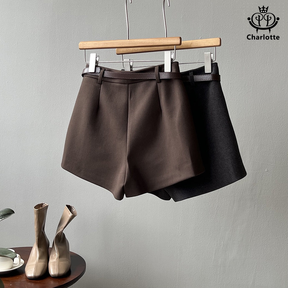 Pocket-thick woolen shorts, high-waisted wide-leg shorts [CHOR9]