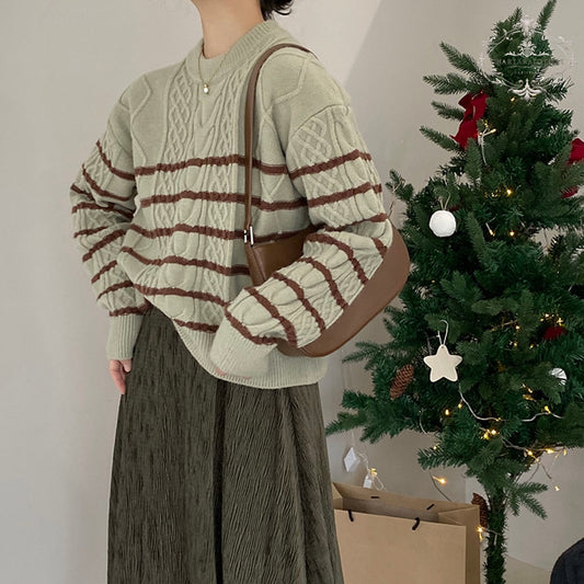 Striped Green Knitted Sweater Women's Round Neck Long Sleeve Top Striped Knitted Sweater [CHSW65]