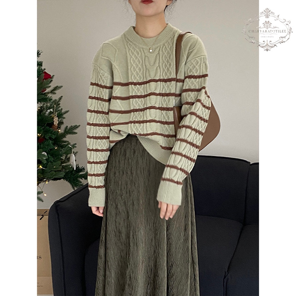 Striped Green Knitted Sweater Women's Round Neck Long Sleeve Top Striped Knitted Sweater [CHSW65]