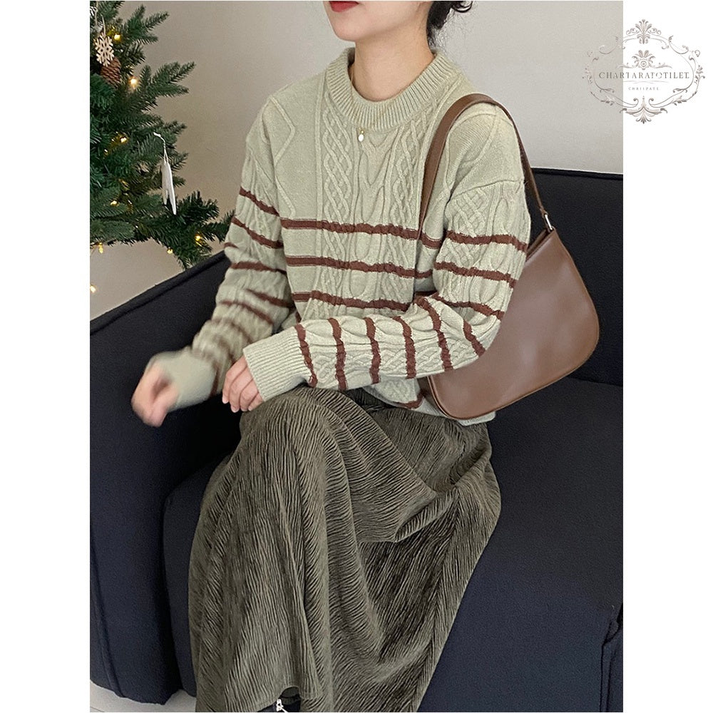 Striped Green Knitted Sweater Women's Round Neck Long Sleeve Top Striped Knitted Sweater [CHSW65]