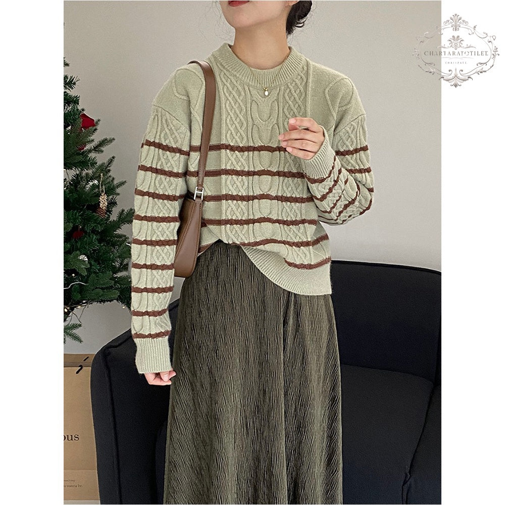 Striped Green Knitted Sweater Women's Round Neck Long Sleeve Top Striped Knitted Sweater [CHSW65]