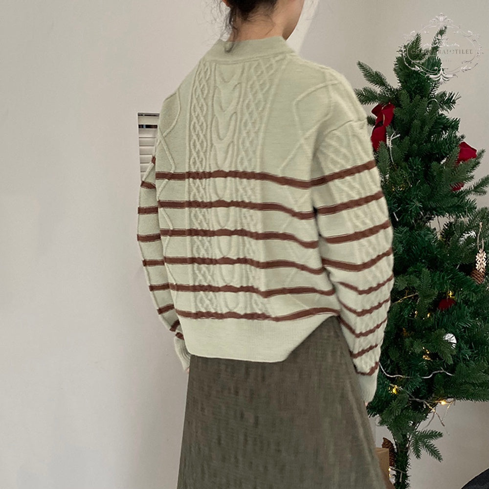 Striped Green Knitted Sweater Women's Round Neck Long Sleeve Top Striped Knitted Sweater [CHSW65]