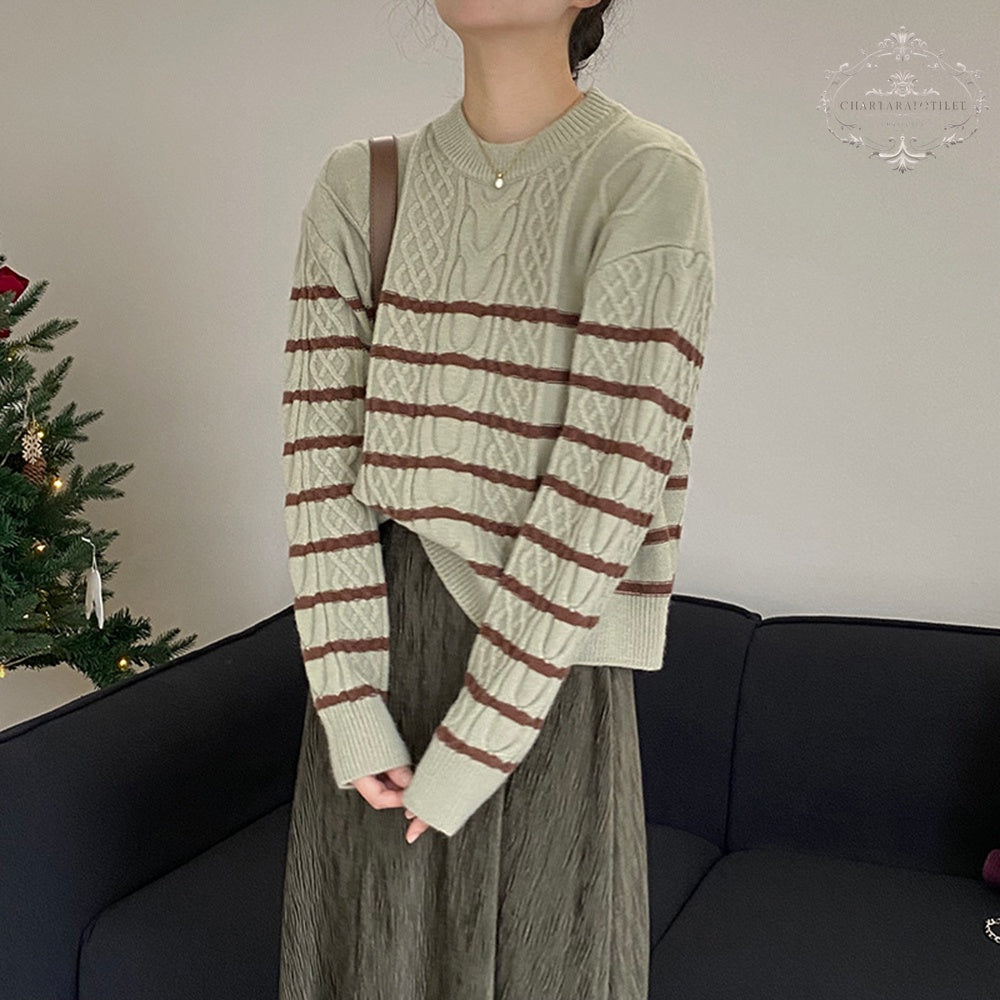 Striped Green Knitted Sweater Women's Round Neck Long Sleeve Top Striped Knitted Sweater [CHSW65]