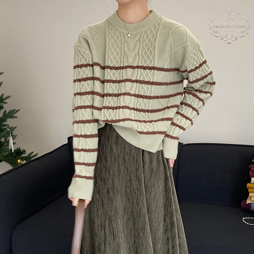 Striped Green Knitted Sweater Women's Round Neck Long Sleeve Top Striped Knitted Sweater [CHSW65]