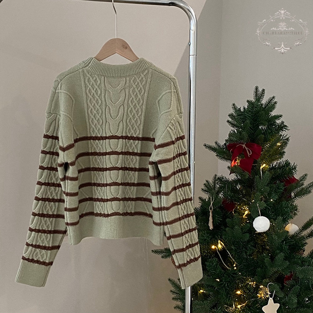 Striped Green Knitted Sweater Women's Round Neck Long Sleeve Top Striped Knitted Sweater [CHSW65]