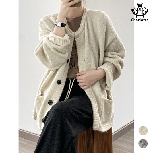 Korean style V-neck cardigan knitted jacket V-neck buttoned pocket knitted cardigan [CHSW59]