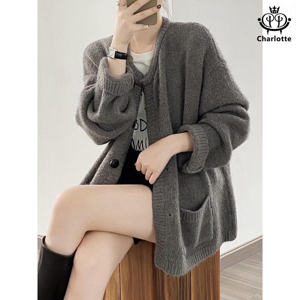 Korean style V-neck cardigan knitted jacket V-neck buttoned pocket knitted cardigan [CHSW59]