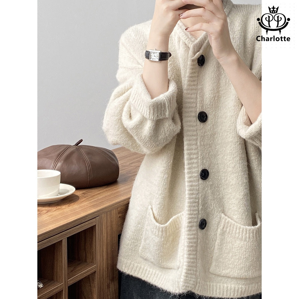 Korean style V-neck cardigan knitted jacket V-neck buttoned pocket knitted cardigan [CHSW59]