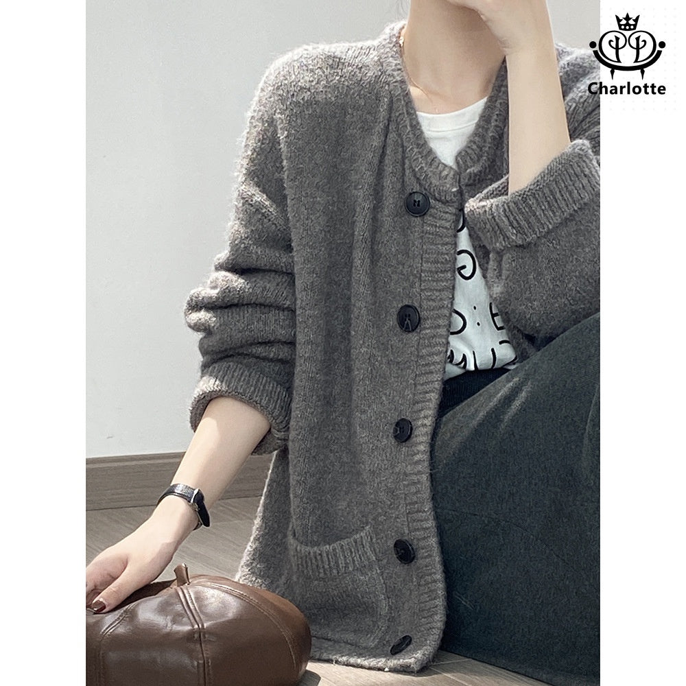 Korean style V-neck cardigan knitted jacket V-neck buttoned pocket knitted cardigan [CHSW59]