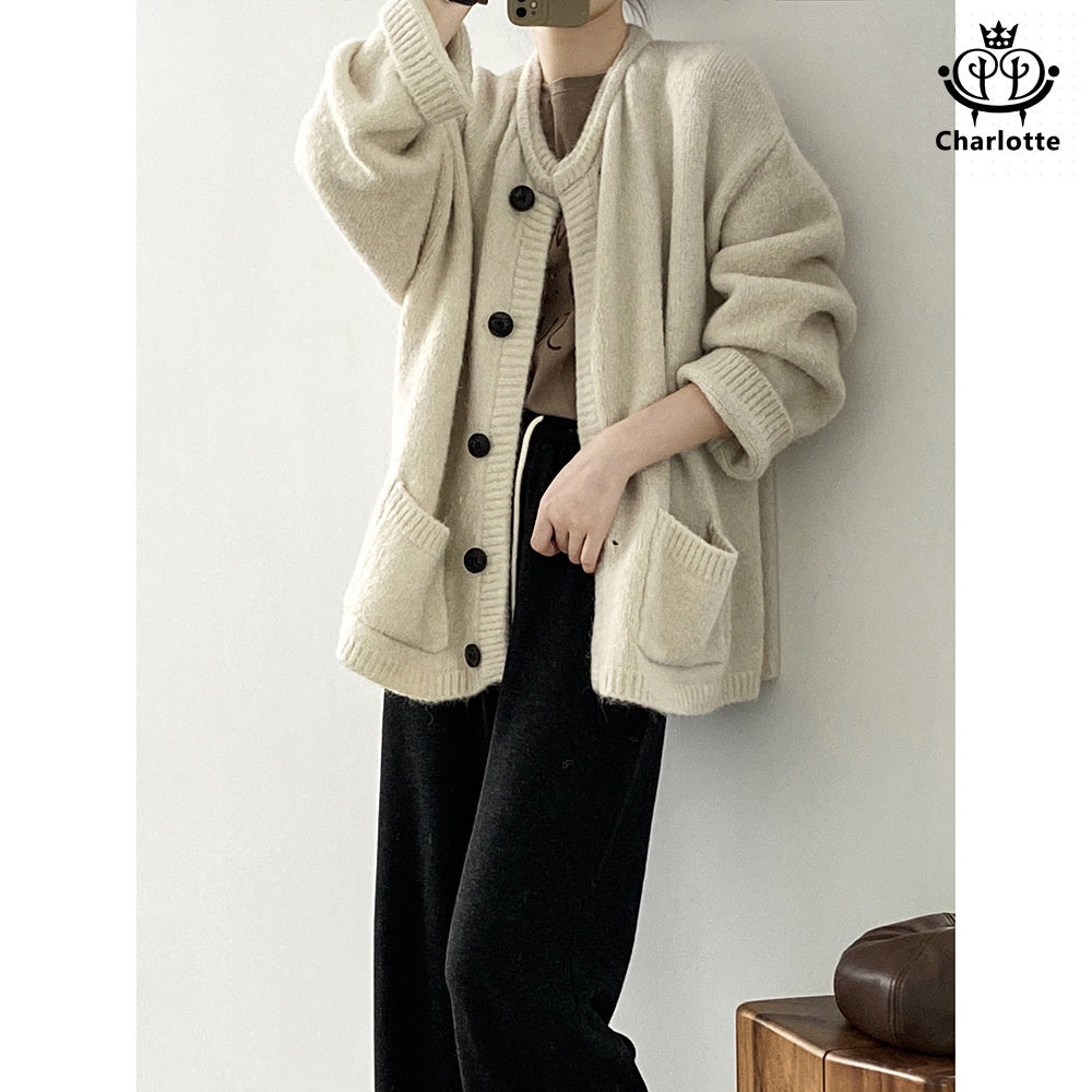 Korean style V-neck cardigan knitted jacket V-neck buttoned pocket knitted cardigan [CHSW59]