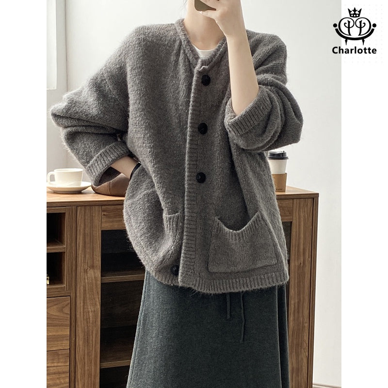 Korean style V-neck cardigan knitted jacket V-neck buttoned pocket knitted cardigan [CHSW59]