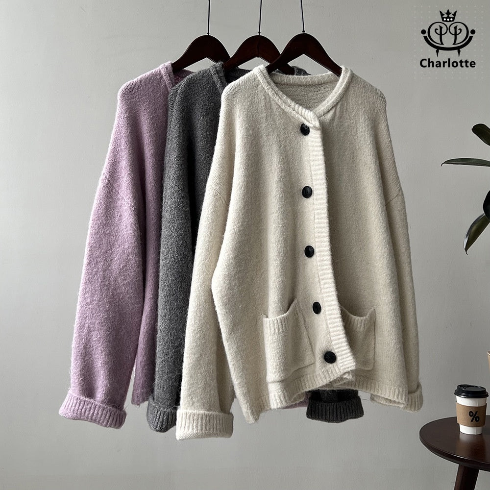 Korean style V-neck cardigan knitted jacket V-neck buttoned pocket knitted cardigan [CHSW59]