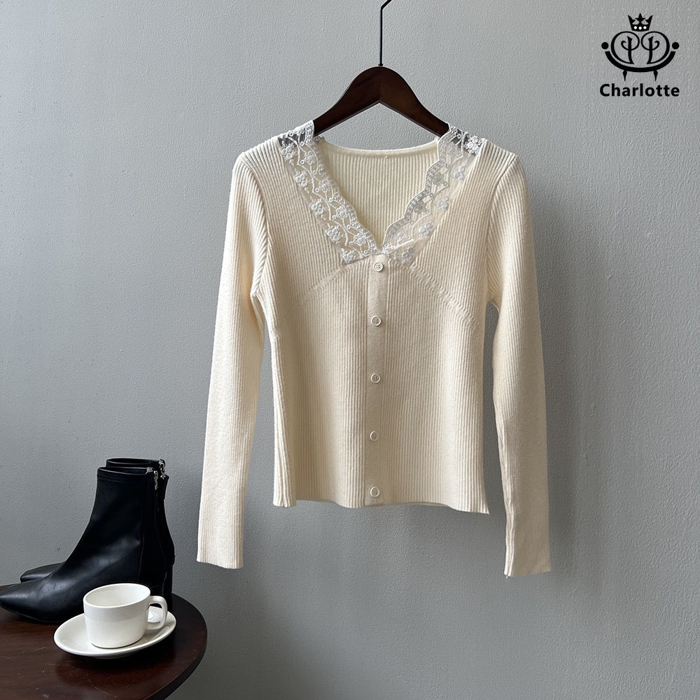 Ladies lace spliced ​​V-neck knitted top lace spliced ​​knitted sweater [CHSW56]