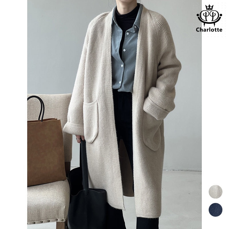 Gentle temperament sweater cardigan coat knitted V-neck mid-length sweater coat [CHSW55]