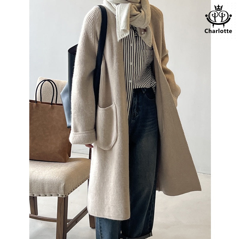 Gentle temperament sweater cardigan coat knitted V-neck mid-length sweater coat [CHSW55]