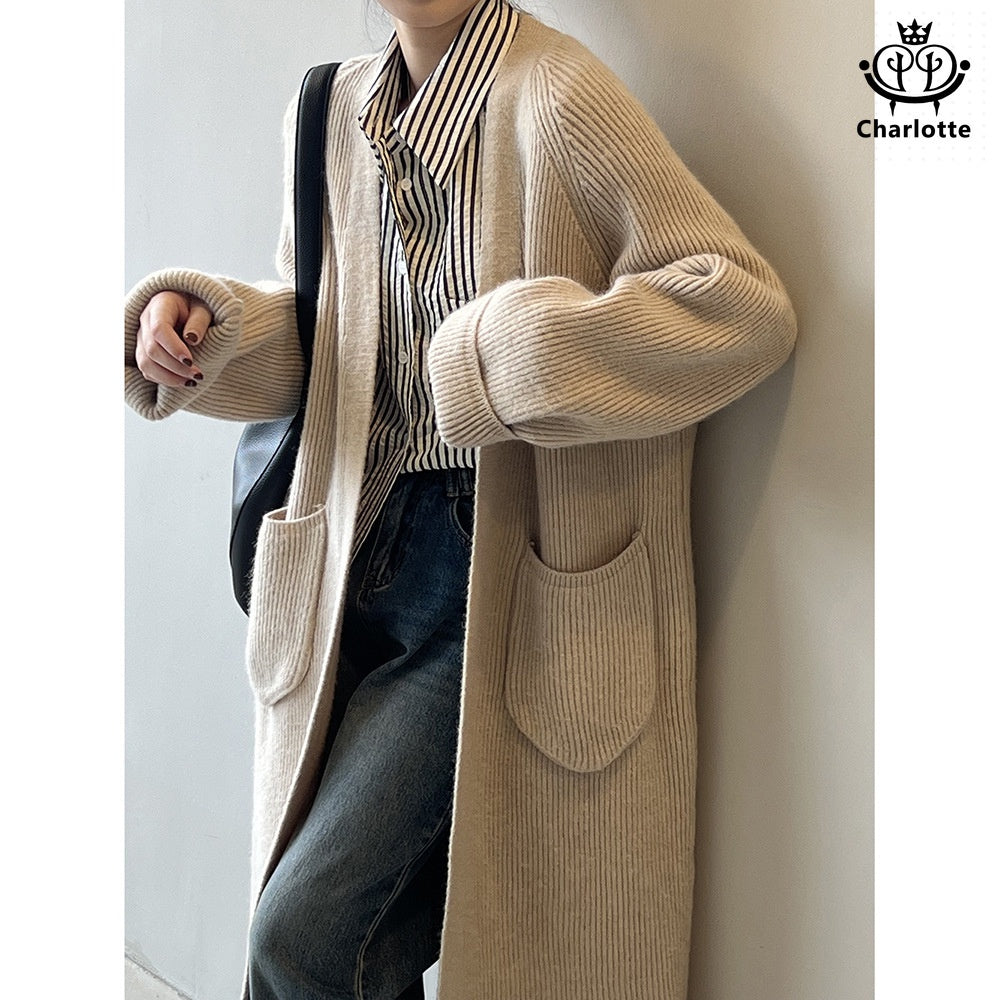 Gentle temperament sweater cardigan coat knitted V-neck mid-length sweater coat [CHSW55]