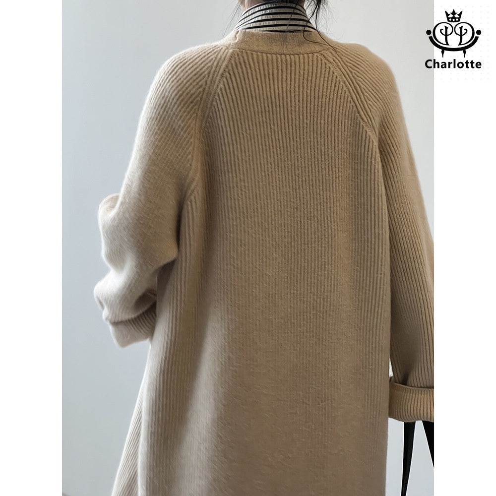 Gentle temperament sweater cardigan coat knitted V-neck mid-length sweater coat [CHSW55]