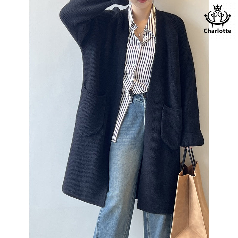 Gentle temperament sweater cardigan coat knitted V-neck mid-length sweater coat [CHSW55]