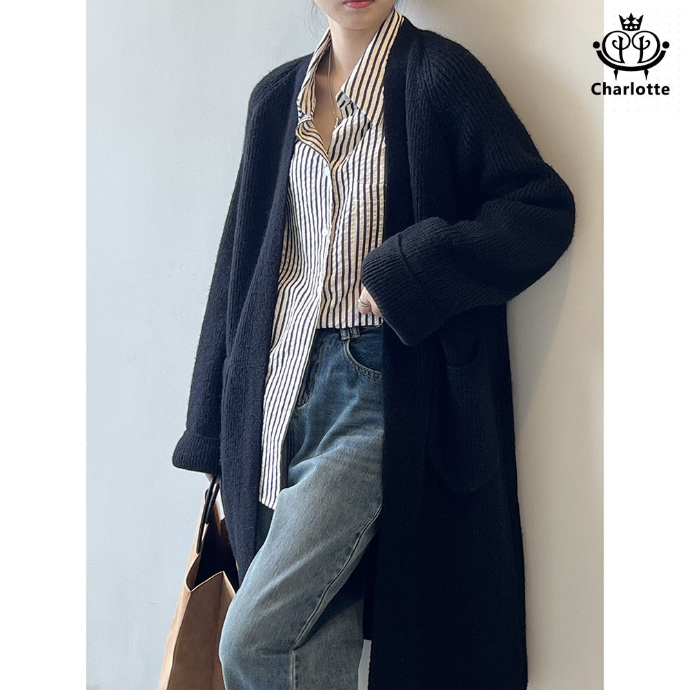 Gentle temperament sweater cardigan coat knitted V-neck mid-length sweater coat [CHSW55]