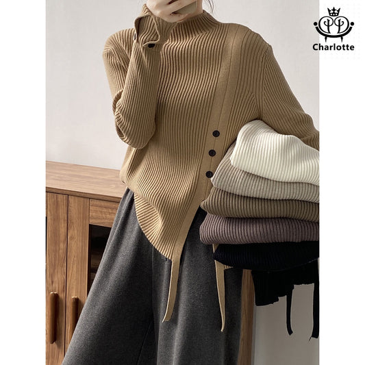 Slim semi-turtle collar soft waxy sweater long-sleeved semi-turtle collar pitted sweater [CHSW57]