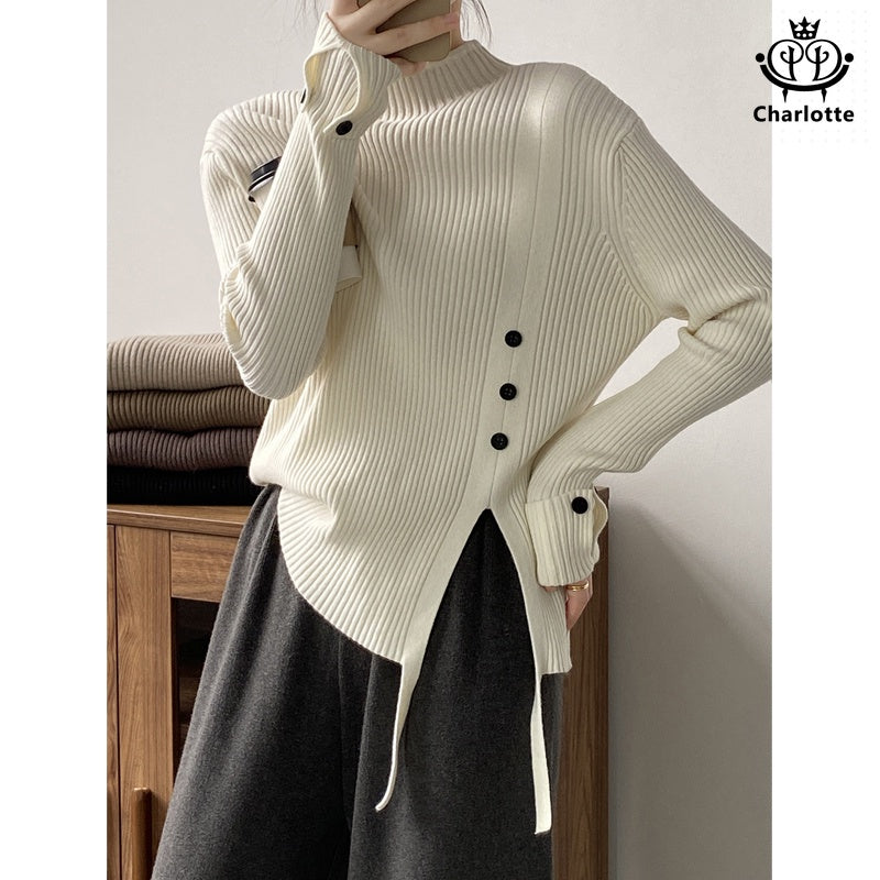 Slim semi-turtle collar soft waxy sweater long-sleeved semi-turtle collar pitted sweater [CHSW57]