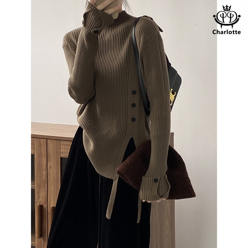 Slim semi-turtle collar soft waxy sweater long-sleeved semi-turtle collar pitted sweater [CHSW57]