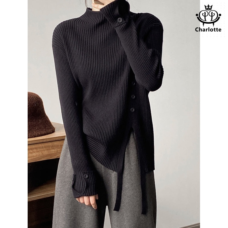 Slim semi-turtle collar soft waxy sweater long-sleeved semi-turtle collar pitted sweater [CHSW57]